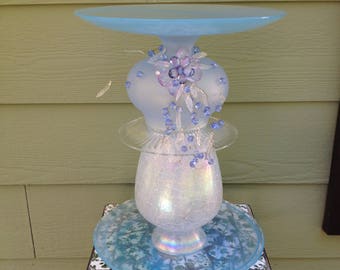 Beautiful iridescent, Bahama Blue, Birdbath - Bird feeder - Centerpiece - One of a Kind