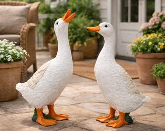Set of 2 Standing White Ducks - 31cm Country Living Garden Ornament - Farm Yard Decor