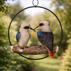 Kookaburra Pair Hanging Garden Ornament Bird in 20cm Metal Ring image 2