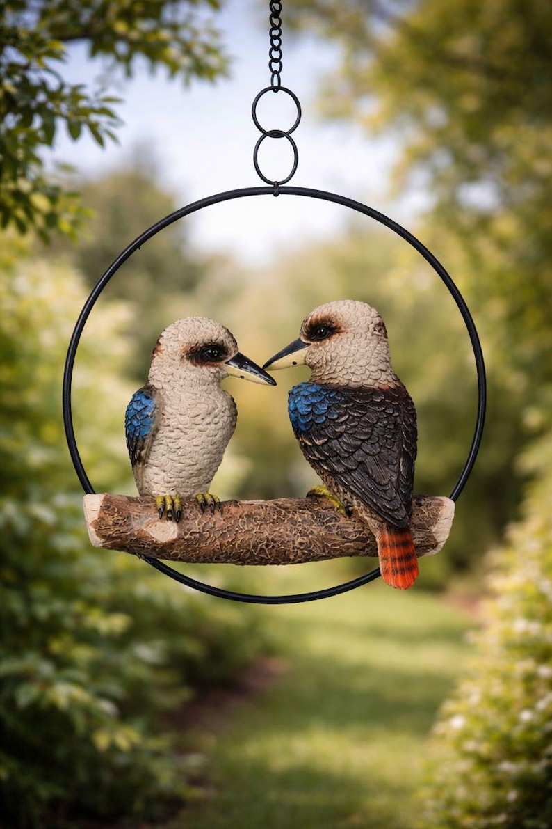 Kookaburra Pair Hanging Garden Ornament Bird in 20cm Metal Ring image 2