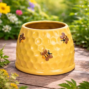 16cm Bee Planter Pot | Yellow Ceramic Bee Plant Honeycomb Bowl Cottage Decor
