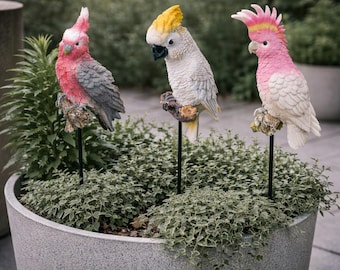 Set of 3 Australian Native Parrot Bird Garden Stakes – Galah, Cockatoo & Major Mitchell
