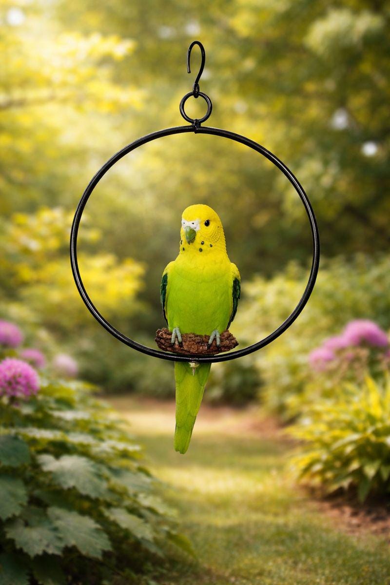 Budgie Parrot Hanging Garden Ornament Parrot Bird in 18cm Metal
