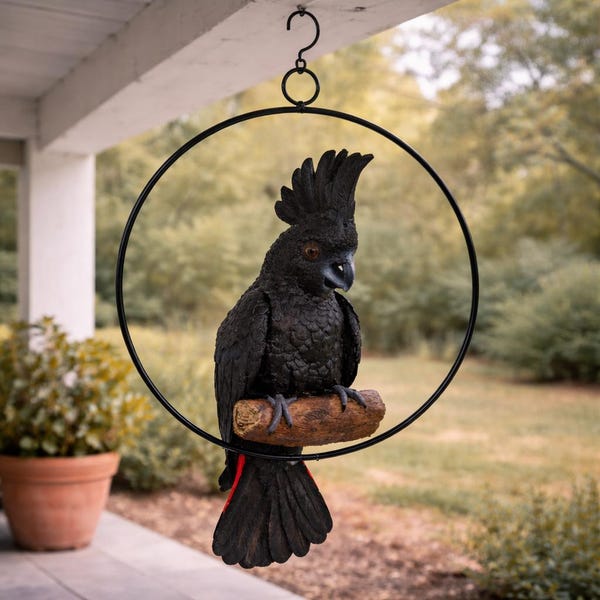 34cm Australian Native Black Cockatoo in Ring Native Parrot Bird Garden Hanging Ornament