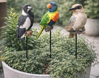 Set of 3 Australian Native Bird Garden Stake Ornament Kookaburra Parrot & Magpie