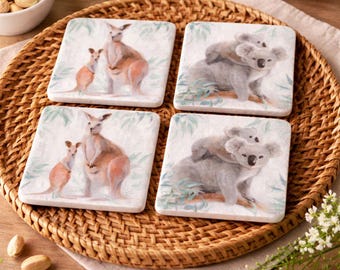 Australian Animal Coasters Set of 4 – Kangaroo & Koala Australiana Drink Coasters