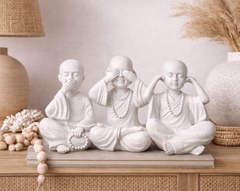 Hear See Speak Buddha Monk Figurines – White Set of 3