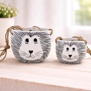 Set of 2 Black & White Animal Face Hanging Planters – Ceramic with Rope
