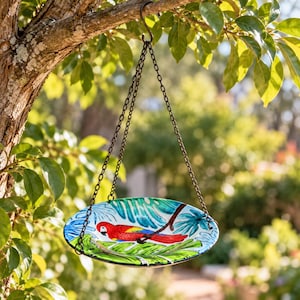 May include: A round, shallow bird bath bowl featuring a vibrant hand-painted red parrot perched on a green tropical leaf. The bowl is suspended by three dark metal chains connected to a central hook, showcasing blue and green foliage accents.