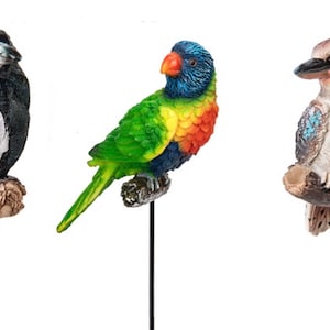 Set of 3 Australian Native Bird Garden Stake Ornament Kookaburra Parrot & Magpie