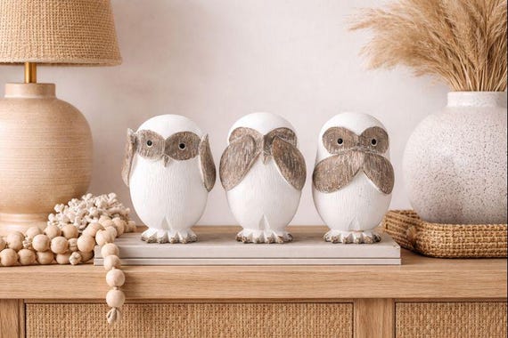 3羽の賢いフクロウの置物セット – Hear See Speakコレクションの装飾
