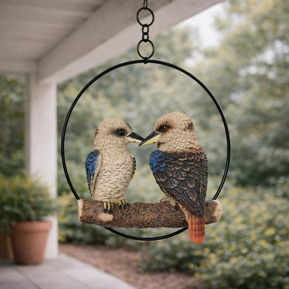 Kookaburra Pair Hanging Garden Ornament Bird in 20cm Metal Ring