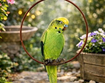 セキセイインコの吊り下げ式ガーデンオーナメント（直径12.5cm、金属製