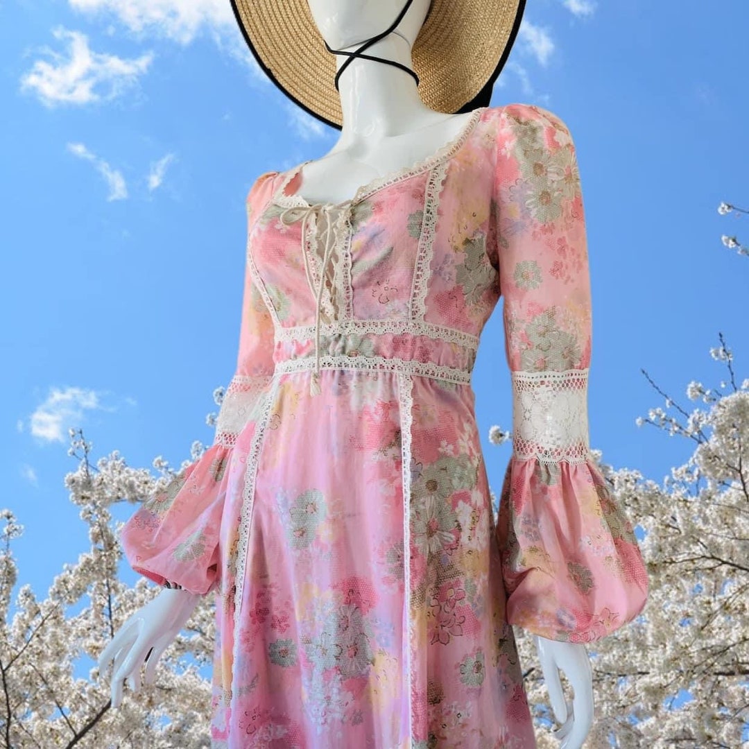 Vintage Pink 70s Prairie/cottagecore/gunne Sax Style Floral Lace up ...
