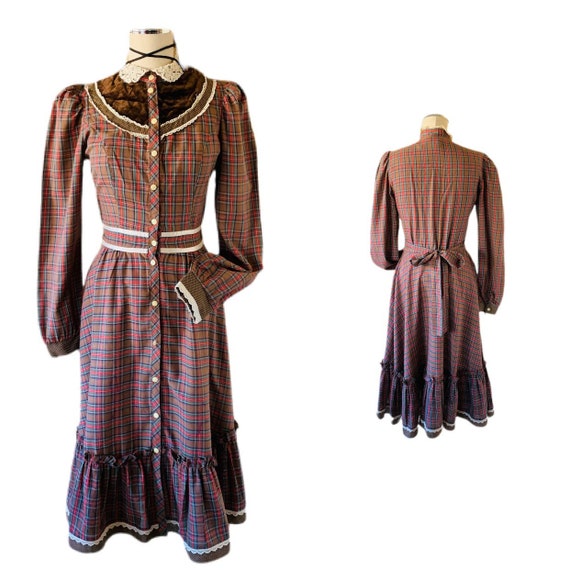 Vintage 70’s Brown Plaid Velvet Gunne Sax Midi Dr… - image 2