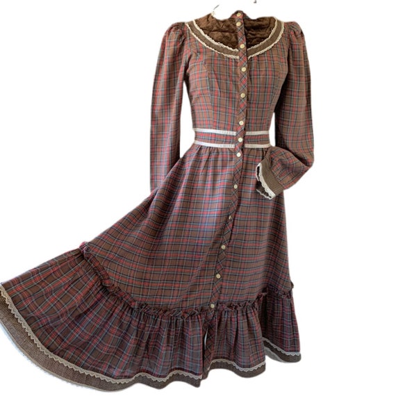 Vintage 70’s Brown Plaid Velvet Gunne Sax Midi Dr… - image 3