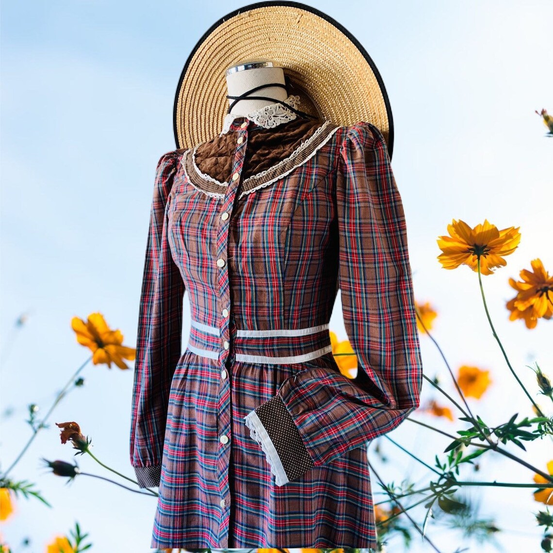 Vintage 70’s Brown Plaid Velvet Gunne Sax Midi Dress Cottagecore ...