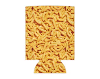 May include: A yellow and orange can cooler with a pattern of macaroni cheese.
