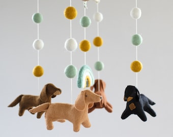 Dachshunds and rainbow baby mobile, nursery decor, dog mobile, pet lover gift, baby shower gift, neutral baby mobile