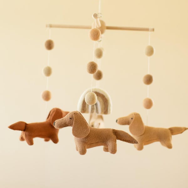 Dachshund Baby Mobile: Handmade Wool Dogs & Rainbow Nursery Decor
