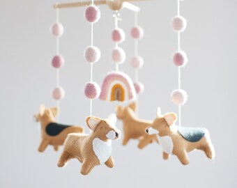 Corgi Baby Mobile: Handmade Wool Felt Rainbow Nursery Decor