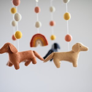 May include: A felt baby mobile with a rainbow, white, yellow, and pink pom poms, and three felt dachshund dogs in brown, tan, and black.