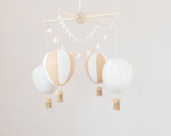 Hot air balloon baby crib mobile, balloon nursery, cream, white and beige nursery, travel theme baby,  neutral baby mobile, baby shower gift