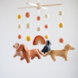 May include: A baby mobile with felt dachshund dogs, a rainbow, and colorful pom poms.