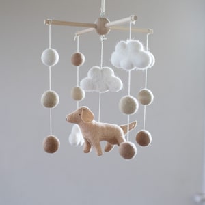 Handmade Golden Retriever Nursery Mobile: Wool Felt Dog & Clouds