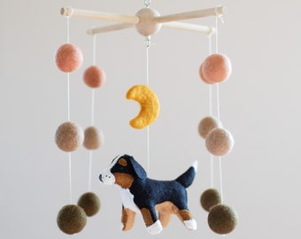 Bernese mountain dog and moon baby mobile, nursery decor, girl or boy dog mobile, pet lover gift, baby shower gift