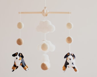 Bernese mountain dogs and clouds baby mobile, nursery decor, girl or boy dog mobile, pet lover gift, baby shower gift