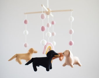 Dachshunds and rainbow baby mobile, nursery decor, girl dog mobile, dog mobile, pet lover gift, baby shower gift