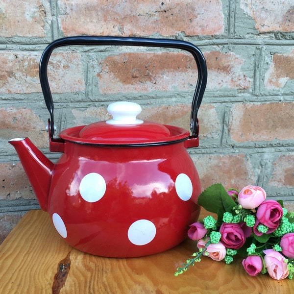 Red white polka dot cute vintage enamel metal teapot Soviet kettle Rare Teapot 70's French style Rustic Kitchen Summer Decor old new stock