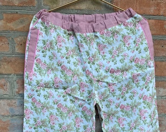 Linen Pajama Sleepwear Woman night pants Pink Roses cute froral print Homewear Flax Leisure wear Custom order Gift for her for Mom