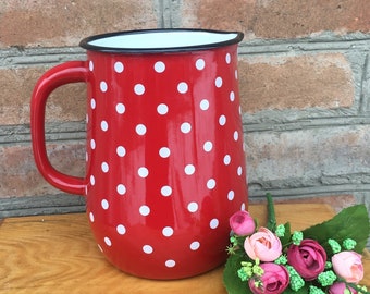 Enamel water jug Polka dots Red White vase vintage kitchen home decor watering can metal tableware Summer decor Old new stock