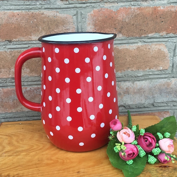 Enamel water jug Polka dots Red White vase vintage kitchen home decor watering can metal tableware Spring decor Old new stock