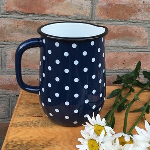 Enamel water jug Polka dots Blue White colours vase vintage kitchen home  watering can metal tableware Summer decor Old new stock