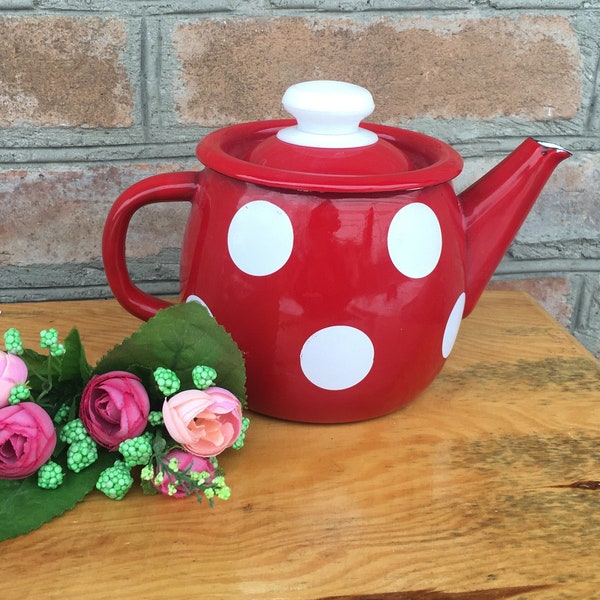 Red White polka dot cute vintage enamel metal teapot Soviet Small tea kettle Rare Teapot 70's French style Rustic Kitchen Summer Decor