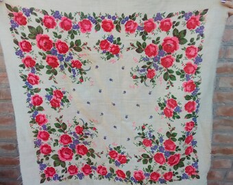 Free shipping! Vintage milk colour woolen shawl folk boho style pink rose Floral Ukranian Russian shawl Winter Spring warm Accessory  gift