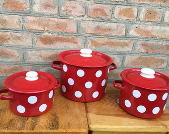 Set of 3 Enamel pots vintage Enamelware Soviet Red White Polka Dot French Farmhouse Style Kitchen Decor Unique Gift Ukrainian gift