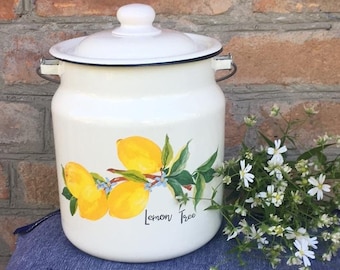 Vintage Enamel Milk Can Lemon painting print Off White colour Pass century Container Old new stock Spring Easter decor  Gift