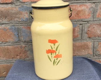 Vintage 70&#39;s Milk Can Enamel Metal yellow colour Red Flowers print Wooden handle Unique vase Pail Rustic decor French farmhouse jug Gift
