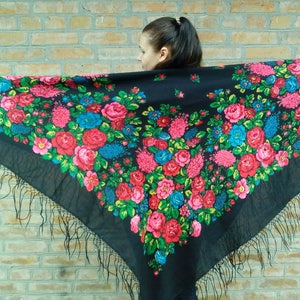 Big black Woolen vintage shawl folk boho style Floral Red roses Ukrainian shawl  Autumn Winter Warm Accessory Gift for her for Mom