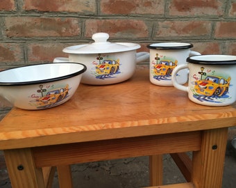 Free shipping! Set of enamel tableware pot with lid , bowl 2 mugs Old new stock vintage white colour Kids Cars print summer decor Gift