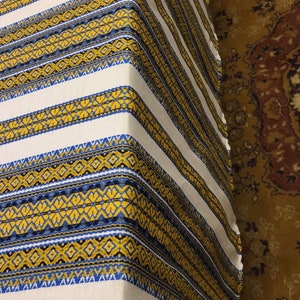 Folk Tribal Ukrainian tablecloth Traditional ornamental White Blue Yellow colours Summer decor gift for her for Mom