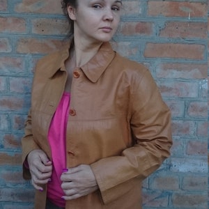 Genuine Leather light brown jacket Italian vintage Button jacket unisex Size L Spring street style  Gift for her for Mom