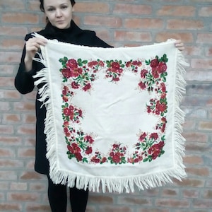 Free shipping! White Vintage woolen shawl folk boho style Ukrainian Bridal shawl Roses warm Accessory  Gift for Mom