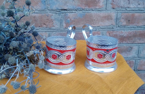 Free shipping ! Set of 2 Vintage Tea Glass Holders Red enamel Soviet Memorabilia Souvenir Podstakannik Retro kitchen floral decor Gift