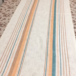 Striped linen table runner Vintage Ukrainian linens Flax fabric White Green Orange colours gift Summer decor 50*200cm 20"*78"