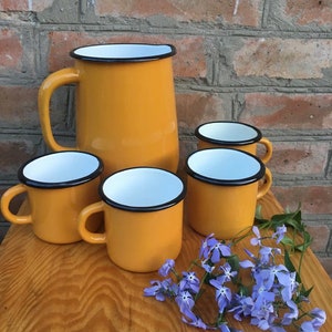 Enamel water or milk jug Mustard yellow colour metal vase vintage kitchen home Decor Retro tableware Old new stock